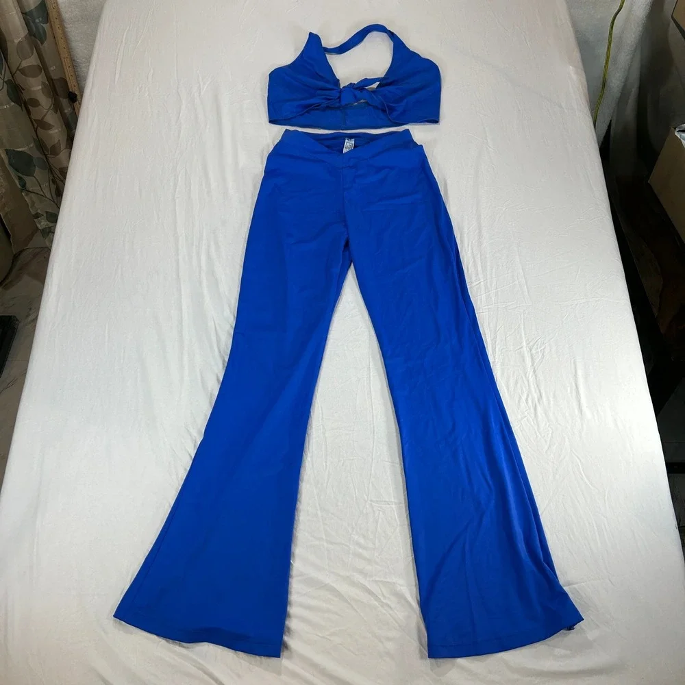 Zuliana Vintage Royal Blue 2 Piece Set Halter Tie Top Flare Pants Medium USA